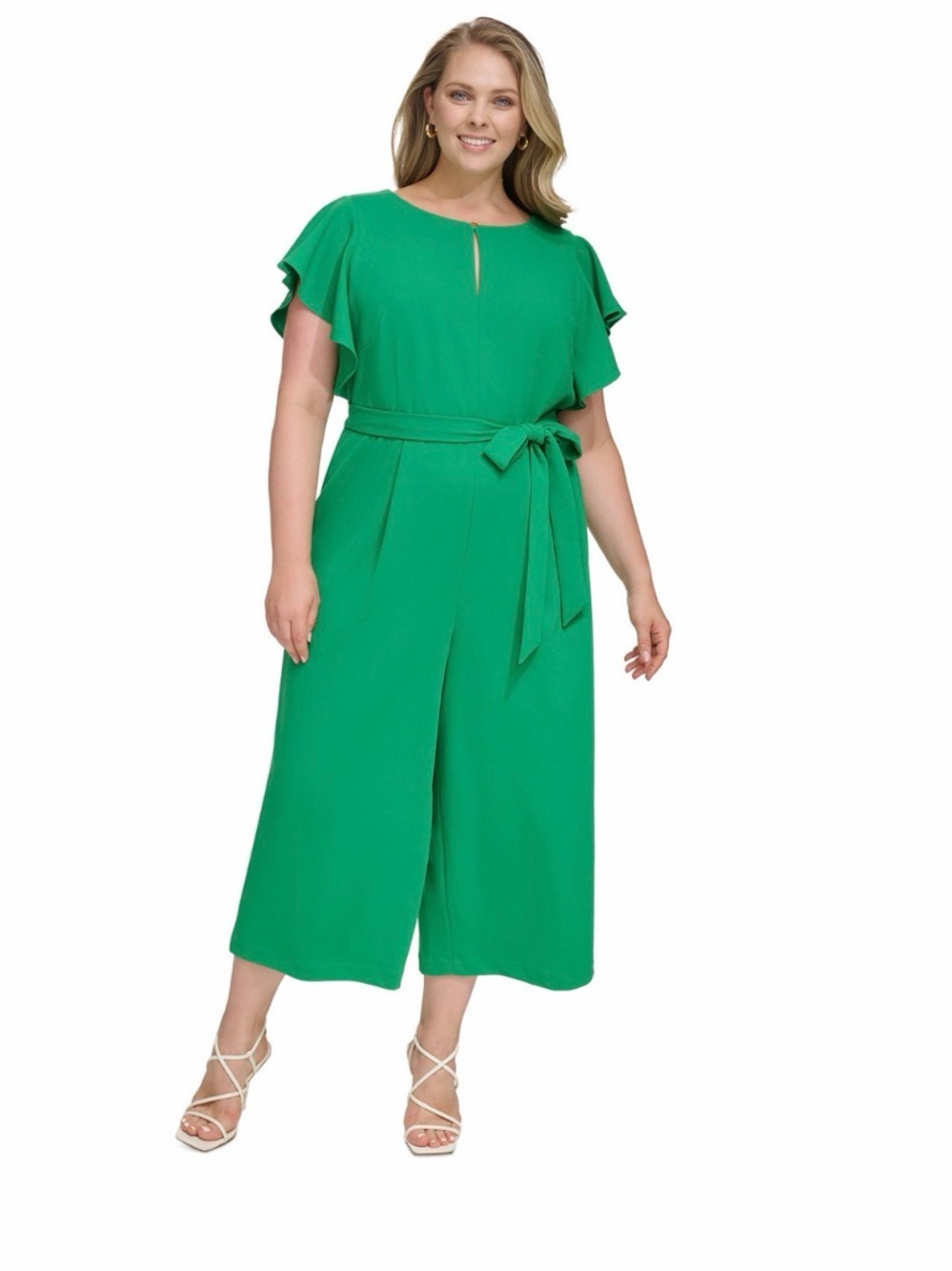 DKNY Women's Scuba Crepe Flutter Sleeve Belted Wide Leg Jumpsuit Size 14 NWOT